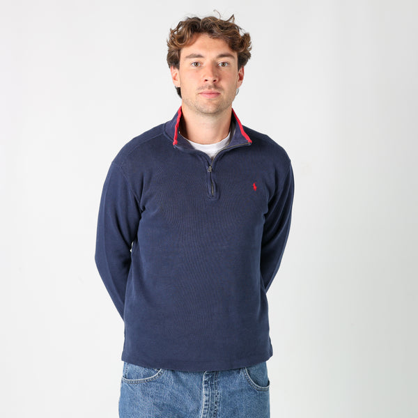 Navy Blue 90s Polo Ralph Lauren Quarter Zip Knit Sweatshirt (XL)